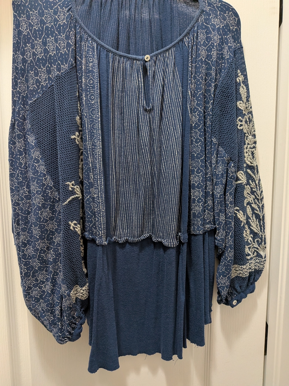 Free People Blue Mixed-Pattern Peasant Blouse